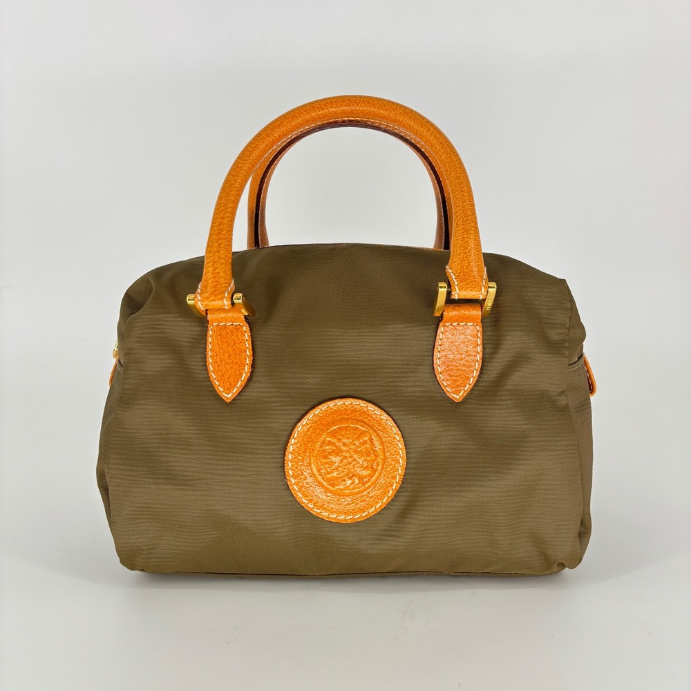 Fendi Vintage Nylon Boston Bag Olive Green/Cognac Women Small Handbag Leather